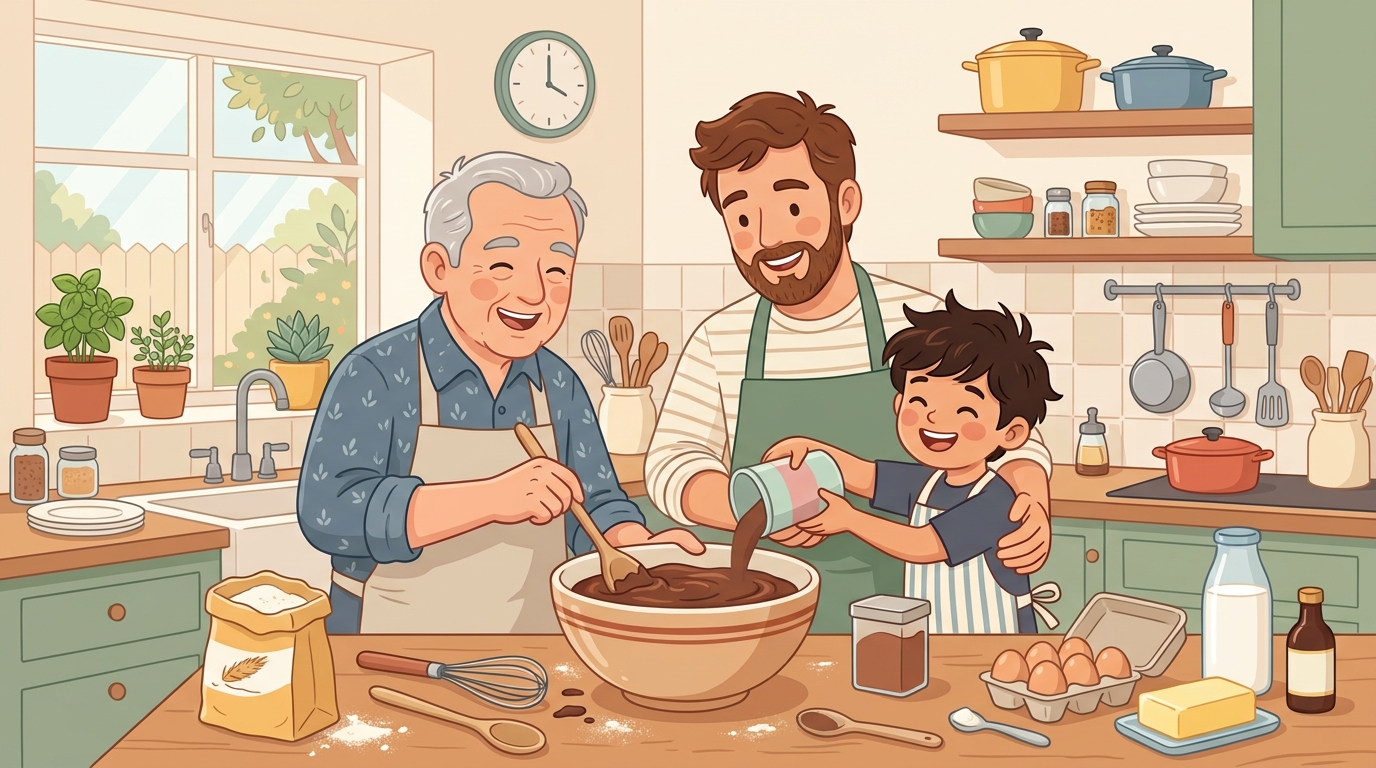Karim qui prépare un gâteau au chocolat avec son père et son grand-père